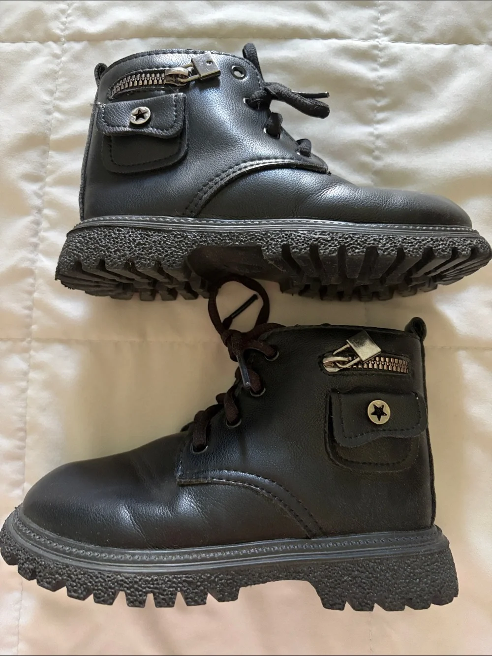 Kids Black Lace-Up Combat Boots with Side Pocket Detail